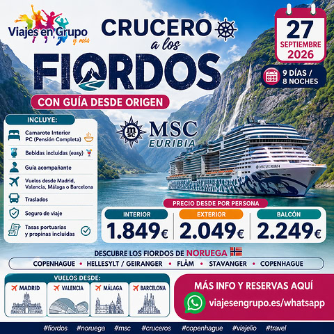 Crucero en grupo por los Fiordos Noruegos - Copenhague, Hellesylt, Geiranger, Flåm, Stavanger y Copenhague